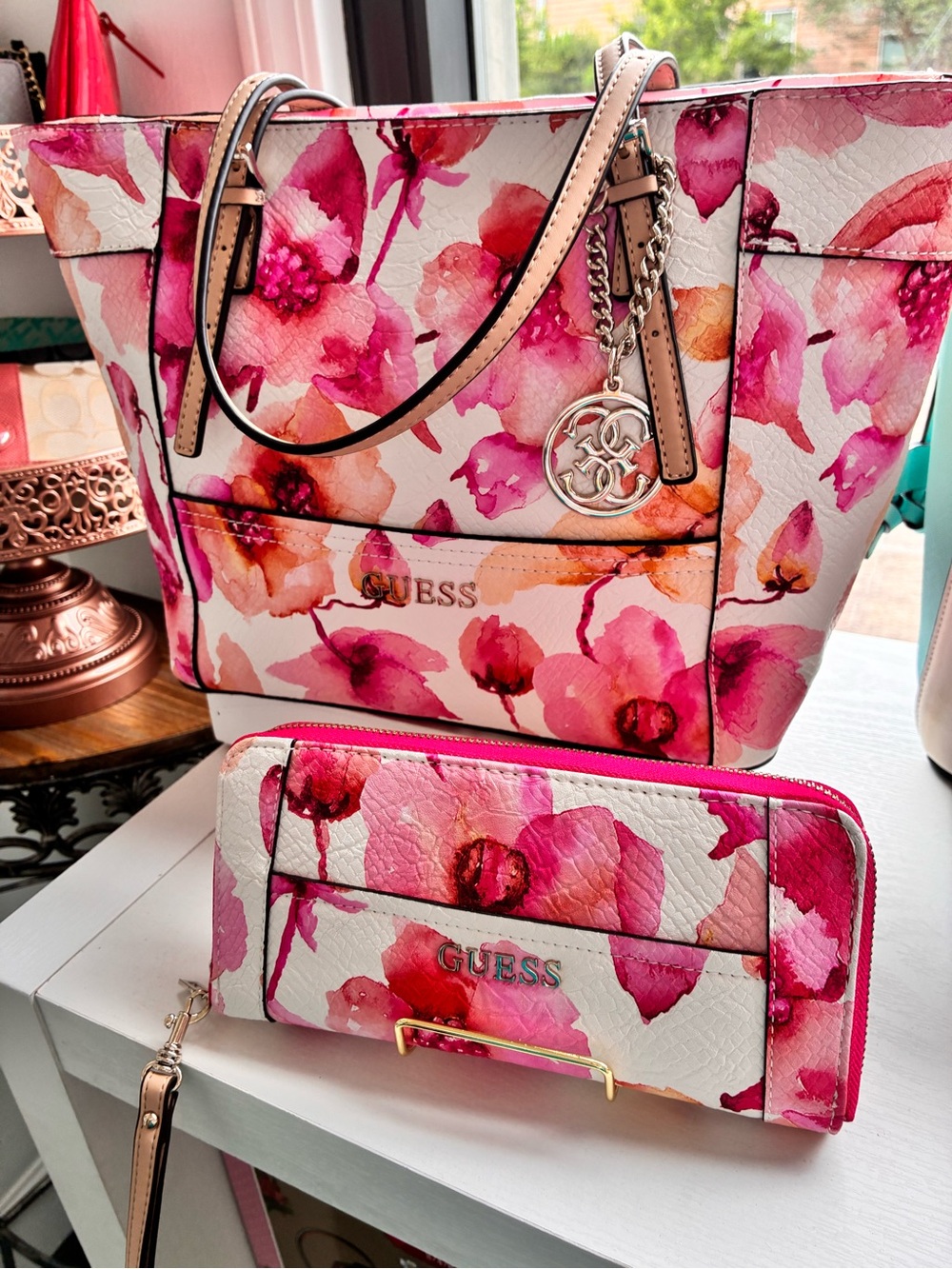 GUESS Pink and White Floral Tote with guess charm and Matching Wallet